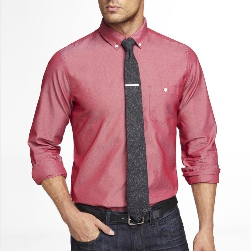 Mens Red Chambray Button Down Shirt Fitted Long Sleeve Sz S Classic Preppy